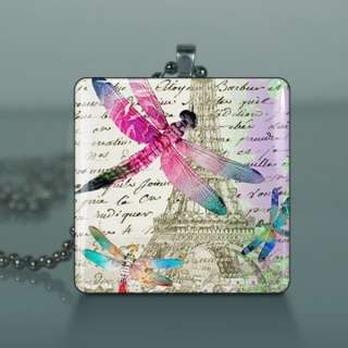 Dragonfly Eiffel Tower Glass Tile Necklace Pendant 606  