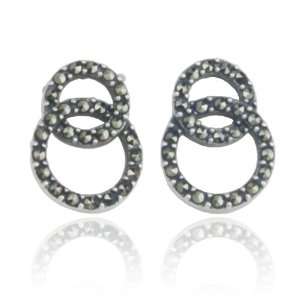  Sterling Silver Marcasite Double Circle Button Earrings Jewelry