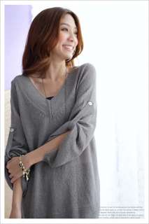   Fashion Womens Fold Sleeve V neck Knit Sweater Long Lady Tops 6885