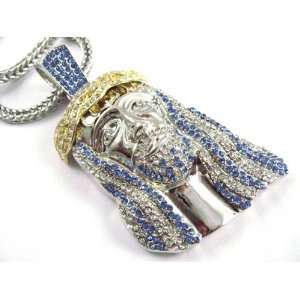  Jay Z Silver Jesus Pendant 4mm Franco Chain Blue Stone 