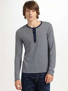 Elizabeth and James   Striped Wool/Cashmere Henley Sweater Navy