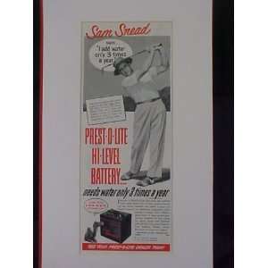 Sam Snead Golfer Of The Year 1950 Prest o lite Advertisement Bulletin 