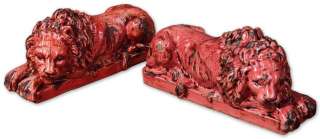 Pair Aged Tomato Red Ceramic Lion Sculpture Set  