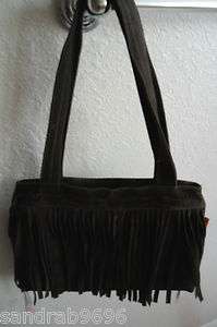   Suede Leather Handbag Purse Satchel Slouch Fringe Beads Italy  