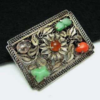 Vtg Chinese SILVER Cannetille Gemstone Brooch Pin China Carnelian 