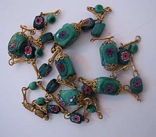VINTAGE BEAD NECKLACE, GREEN GLASS w/ FLOWERS 29 long  