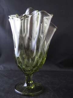 Vintage Green Glass Vase Ruffled Top 9 Tall  