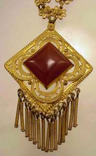 Elegant Gilded Czechoslovakian Filigree Necklace w/ Carnelian Stone 