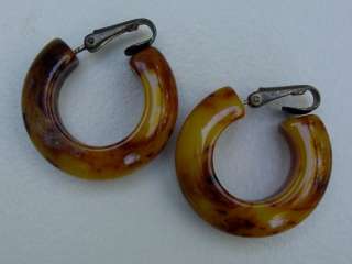   40s BAKELITE Catalin Clip on Marbled Hoop Earrings Brown Tested  