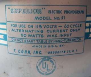 Vintage SUPERIOR ELECTRIC TIN PHONOGRAPH TOY Cohn (O)  