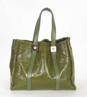 Auth GIANNI VERSACE Olive Distressed Patent Tote Bag  