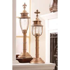 Set of 2 Lamp Post Style Candle Holders Cross & Fleur de Lis 