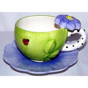  LadyBug Flower Cup Flower Saucer Colorful Galzed Ceramic 