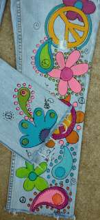 Boutique Upcycled Painted Jeans Custom Girls PEACE Floral Paisley 