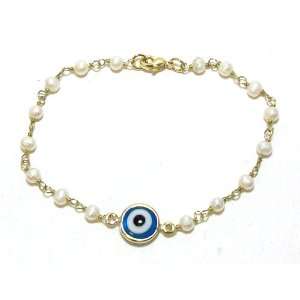  Creative Brazil 18k Gold Evil Eye Pearl Link Bracelet 