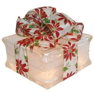  Lighted Glass Block with Poinsettia Ribbon