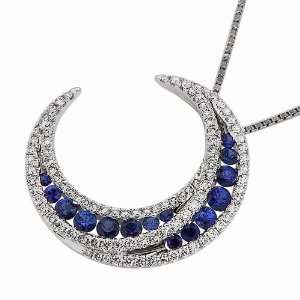 18K White Gold Pave Setting Round Diamond And Blue Sapphire Crescent 