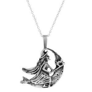  Sterling Silver Witch on Broom Crescent Moon Necklace .925 