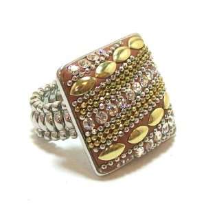 Large Square Stretch Ring with Gold, Silver, and Rhinestone Accents 