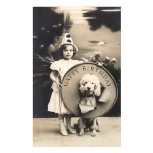 Little Girl Clown with Drum and Dog Premium Poster Print 