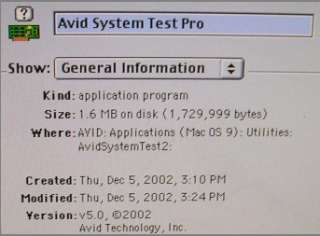   with Avid System Test PRO 5 under the MAC OS 9.2.2 Operating System