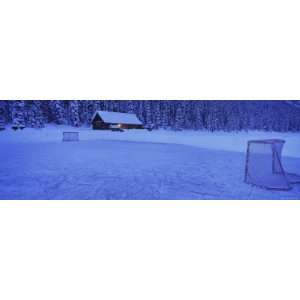  Hockey Net on a Snowcapped Landscape, Lake Louise, Alberta, Canada 