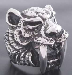TIGER SABER TOOTH STERLING SILVER RING RED EYE sz 10  