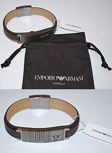 New $140 Emporio Armani Brown Leather Steel Eagle Mens Bracelet  