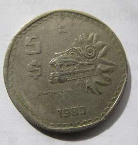 OLD Vintage 1980 Mexican Coin QUETZALCOATL $5 Pesos MEXICO Estados 