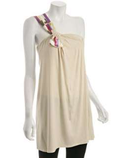 BCBGMAXAZRIA ivory jersey beaded one shoulder top   