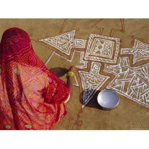 Woman Painting a Mandala Design on the Ground, Near Jodhpur, Rajasthan 