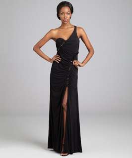 LM Collection black stretch one shoulder chain detail evening dress
