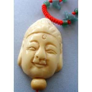  Ox Bone Carved Buddhist Kwan Yin Head Amulet Pendant 