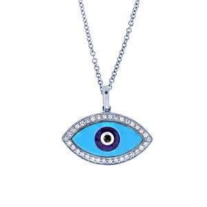 14K White Gold 0.17ct Diamond Evil Eye Pendant NECKLACE Turquoise 