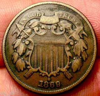 DETAILED OLD US COINS 1869 RARE 2 CENT PIECE POST CIVIL WAR 2C 