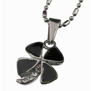  Four Leaf Black Enamel Pendant Necklace, Stainless Steel 