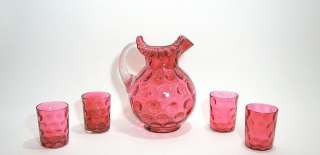 Antique 1800 Cranberry Glass Set Pitcher & Glasses  