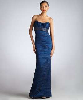 Nicole Miller navy metallic crinkle embellished strapless gown