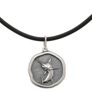 Guy Harvey Jumping Marlin Black Leather Necklace   18in 
