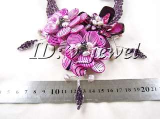 Zebra shell Pearl Onyx flower necklace/earring set VJ  
