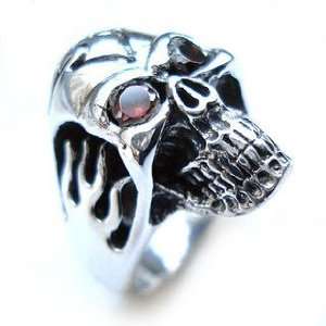 Mens Fashion Jewelry Inlaid Gemstone Skull Flame Ring Crystal Eyes 