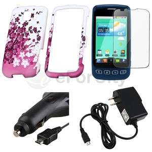 Pink Flower Rubber Hard Case+Film+AC+Retract Car Charger For LG 