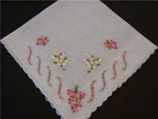 pretty vintage handkerchief with embroidered tiny pink Roses and Lily 