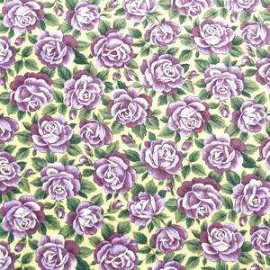   Cotton Fabric Purple Roses, Green Foliage on Lemon Yellow Fat Quarters