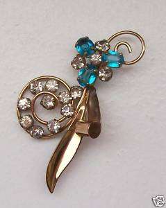 Vtg M&S 1/20 12K Spray Swirl Rhinestone Pin Brooch Aqua  