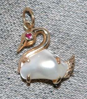 Vintage 14k Gold & Baroque Blister Pearl Swan Pendant Brooch from 