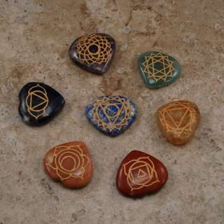   CRYSTAL HEART CHAKRA SET w/ Box Engraved Stones Reiki Healing Symbols