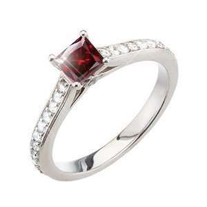  Princess Cut Engagement 14K White Gold Ring with Deep Red Diamond 