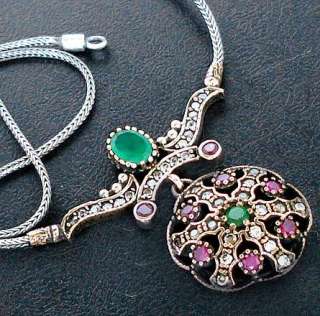 TURKISH GREEN EMERALD RUBY TOPAZ 925 STERLING SILVER NECKLACE 16 
