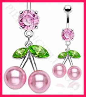   PINK Pearl Cherries and Gemmed Leaves Surgical Steel Belly Ring  